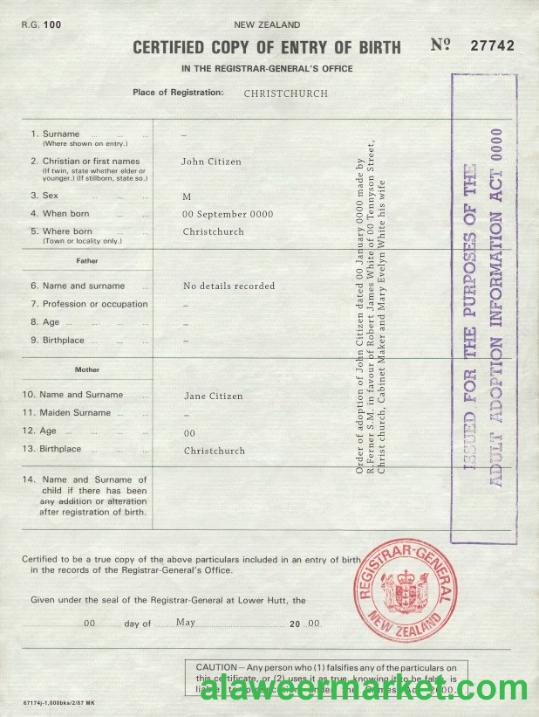 New Zealand birth certificate template in PSD format